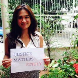 Amielle del Rosario, la coordinatrice pour la région Asie Pacifique de la Coalition pour la CPI, montre son soutien à la Journée de la Justice Internationale. © CICC